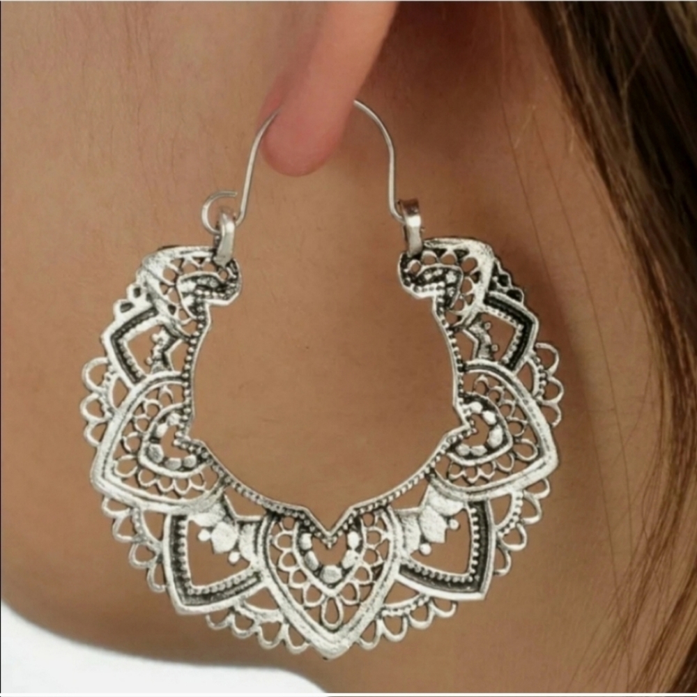 New Boho Silver Hoop Earrings - Picture 1 of 6